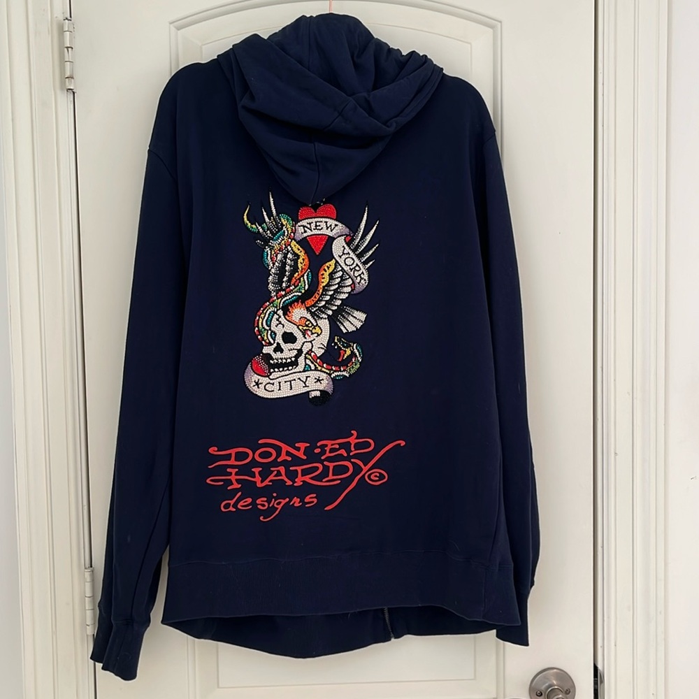 NWT Christian Audigier Navy NYC Ed Hardy Design Zip Up Hoodie XL - Picture 2 of 8